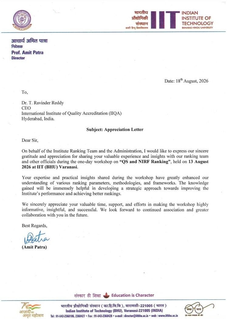IIT (BHU), Varanasi appreciation letter