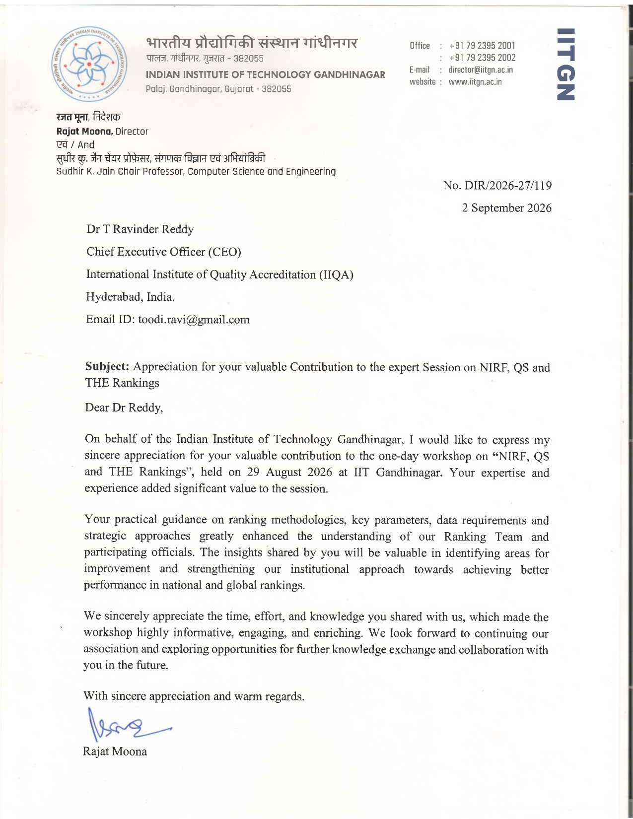 IIT Gandhinagar appreciation letter