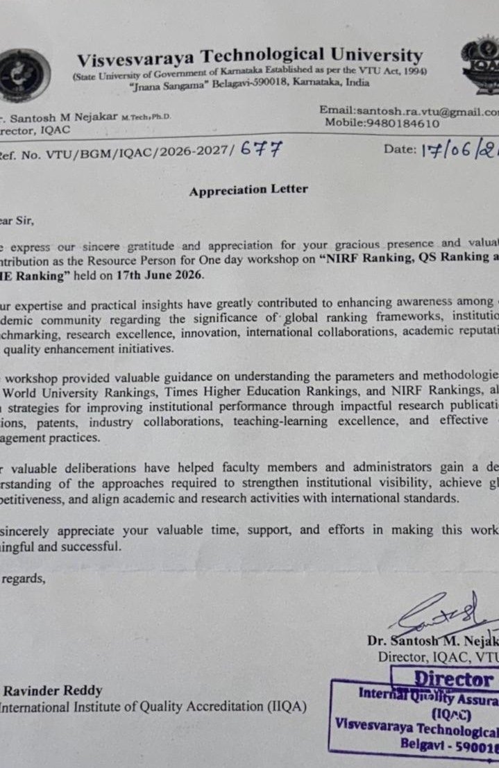VTU, Belagavi appreciation letter
